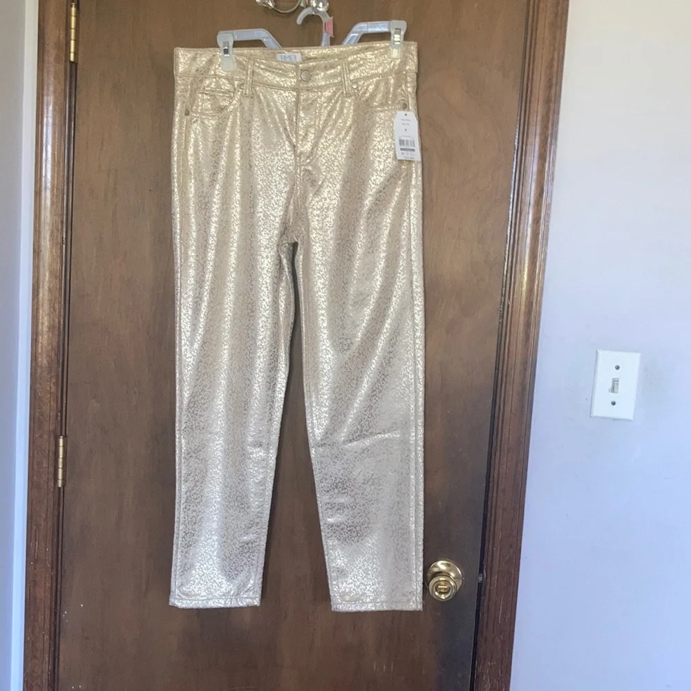 Relist2/20 Mid rise slim fit straight pant w metallic gold spatter print - Picture 4 of 16
